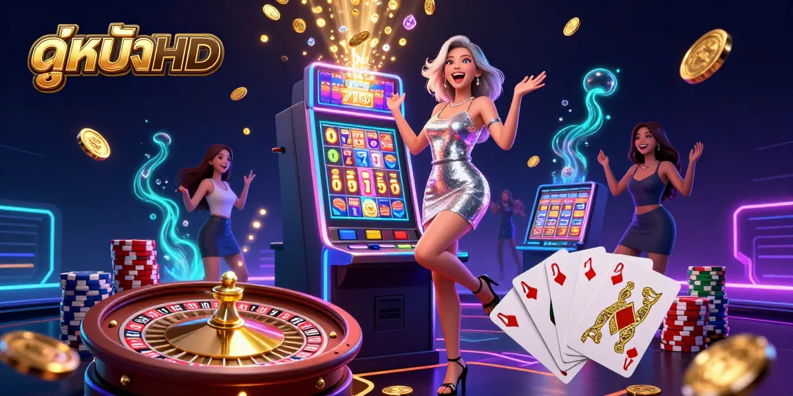 Experience thrilling wins with ดูหนังHD as you spin the slots surrounded by gold coins and casino lights.