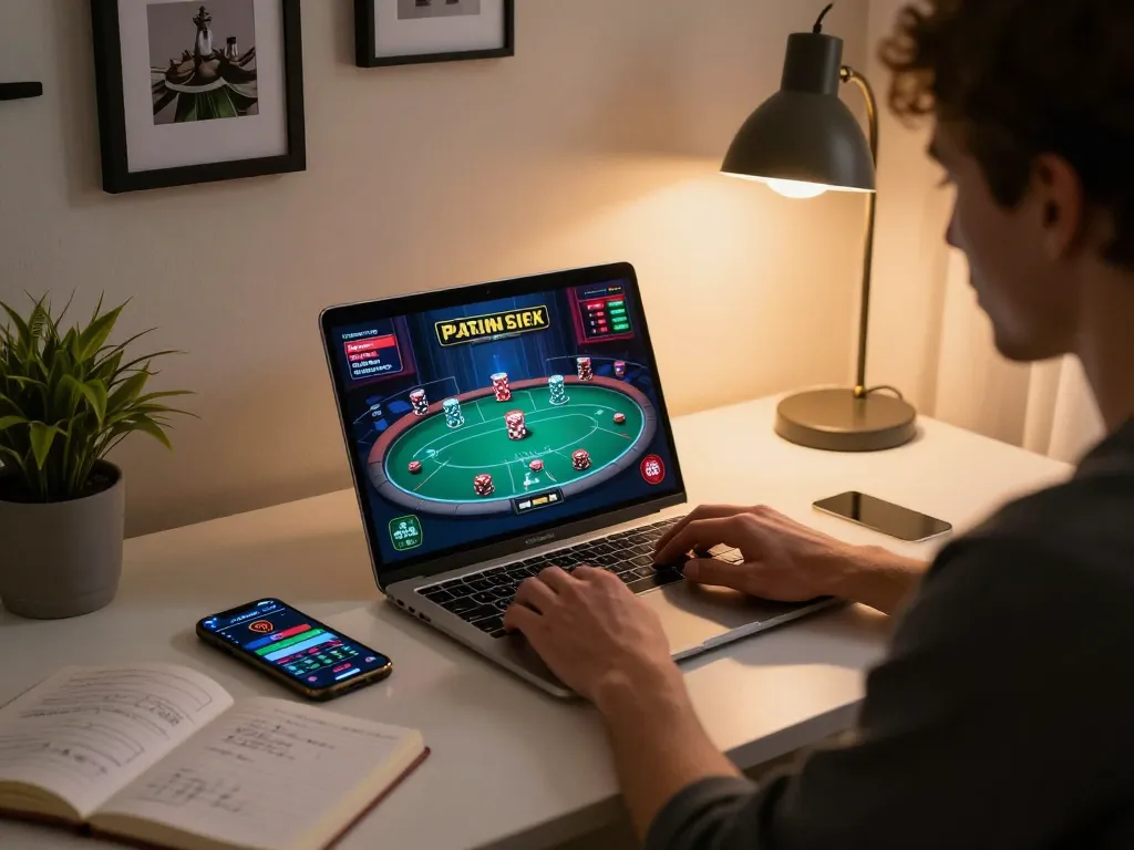 Iwin gaming in a cozy home office with warm lighting and strategic notes.