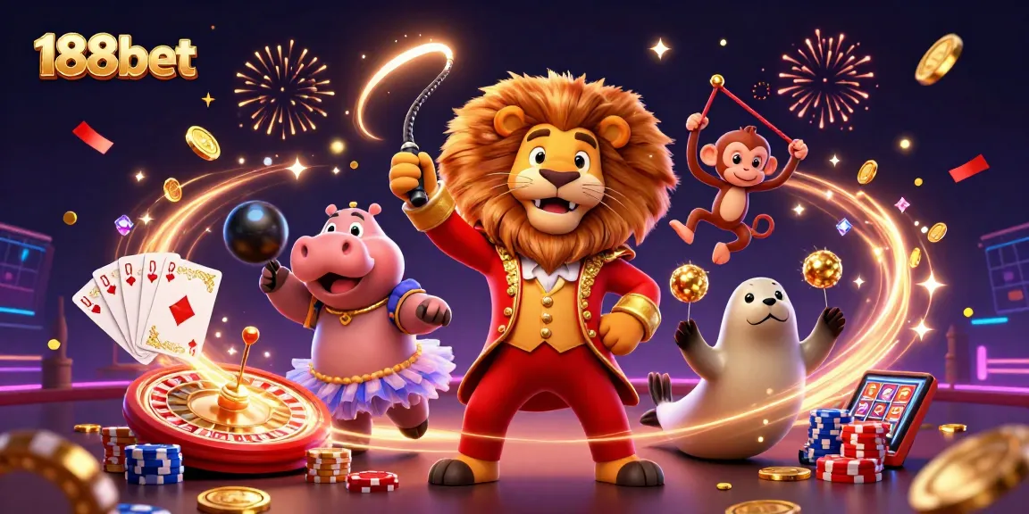 Bet on excitement at 188bet with this vibrant circus-themed casino illustration showcasing thrilling gaming elements.