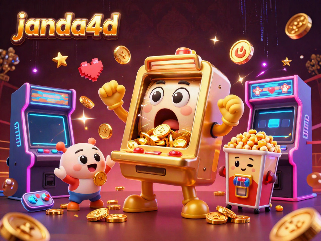 JANDA4D menghadirkan mesin slot emas bernyawa yang melawan jackpot dengan koin berlimpah dan mesin slot kecil bersorak.