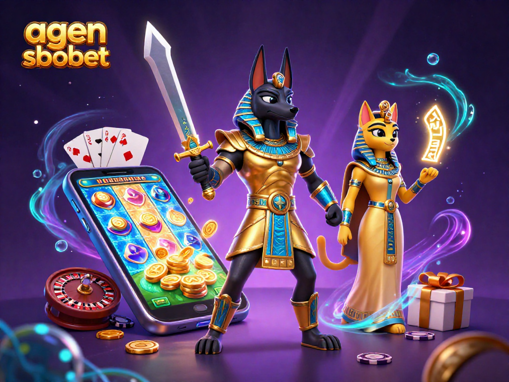 Agen sbobet showcases a vibrant gaming scene with Anubis and Bastet characters, highlighting immersive slot games.