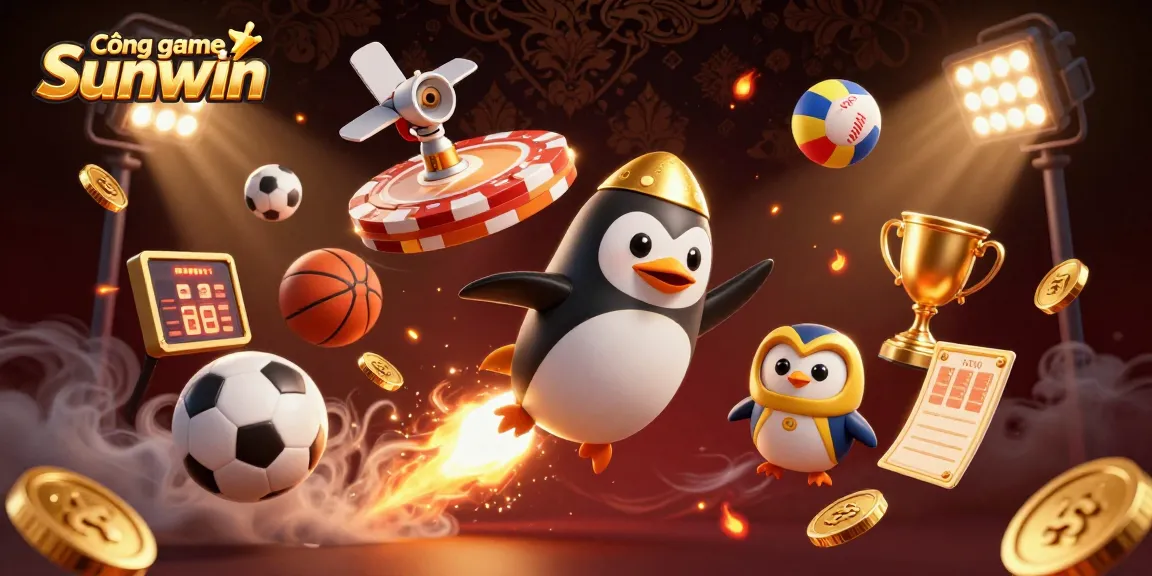 Experience the thrill of Cổng game Sunwin with a golden penguin soaring through a vibrant space of casino elements.