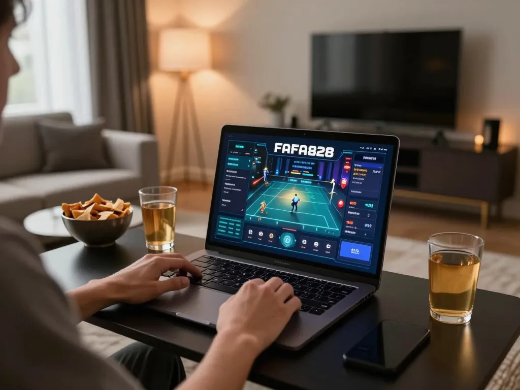 Engaging gameplay on FAFA828 platform displayed on laptop, creating a cozy online gambling experience.
