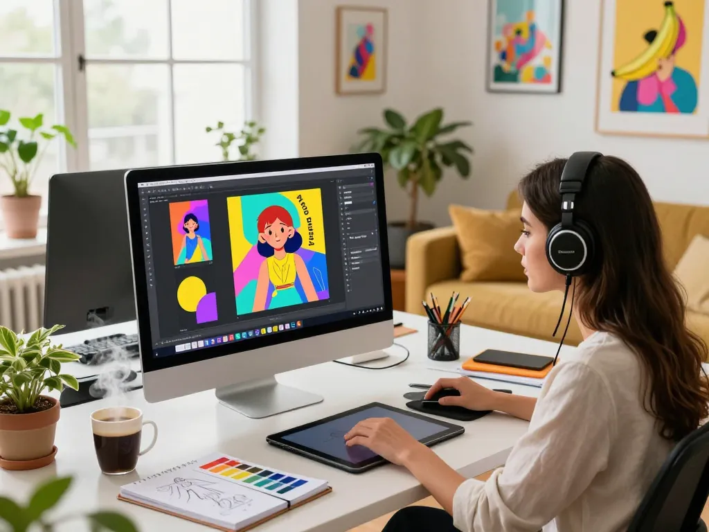 Designer using nano banana 2 AI image editor in a vibrant creative studio