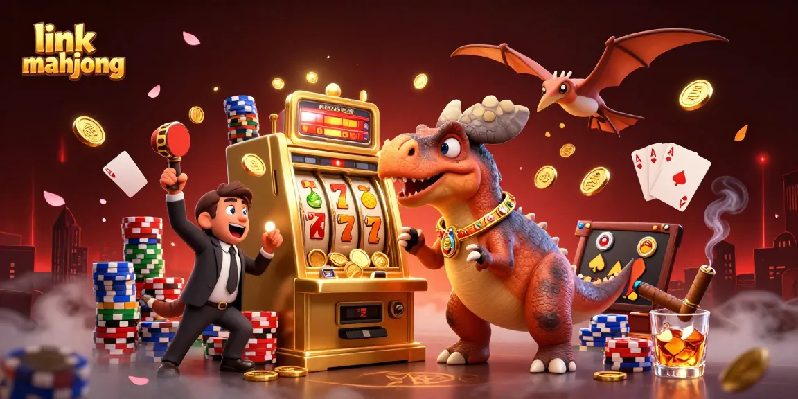 Experience the thrill of link mahjong as a pachycephalosaurus hits a slot machine, winning golden coins.