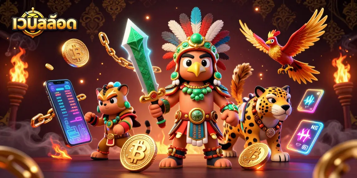 Experience เว็บสล็อต magic with vibrant 3D Aztec warriors and crypto elements in a dynamic casino scene.