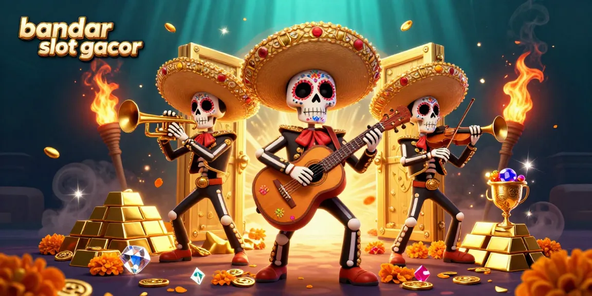 Engage with bandar slot gacor through a vibrant 3D illustration of a Dia de los Muertos mariachi band surrounded by golden treasures.