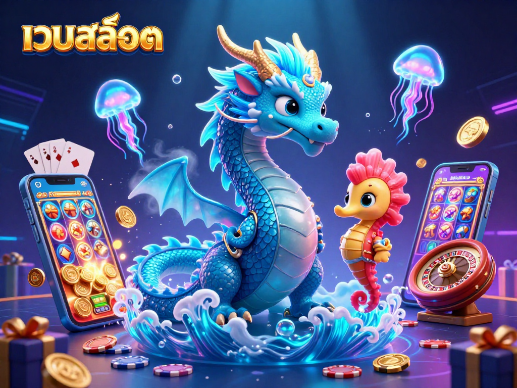 Experience thrilling เว็บสล็อต action in this vibrant casino-themed illustration featuring a dragon, seahorse knight, and glowing jellyfish.