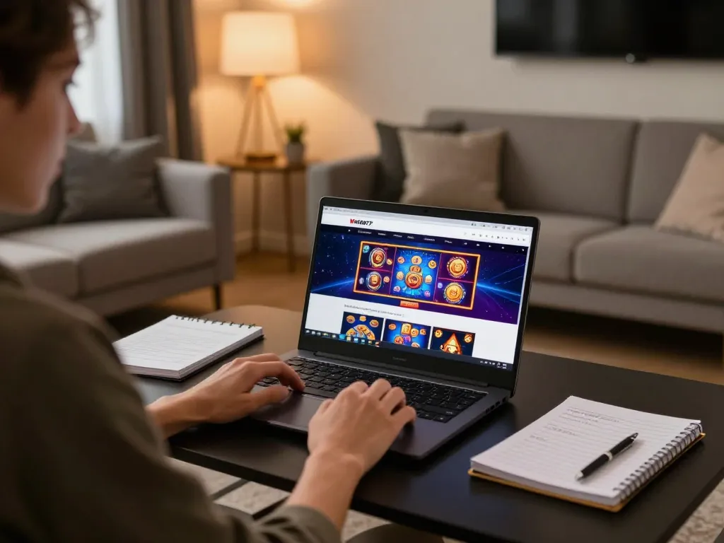 Player engaging with wstar77 slot games on a laptop at home, showcasing vibrant online gaming atmosphere.