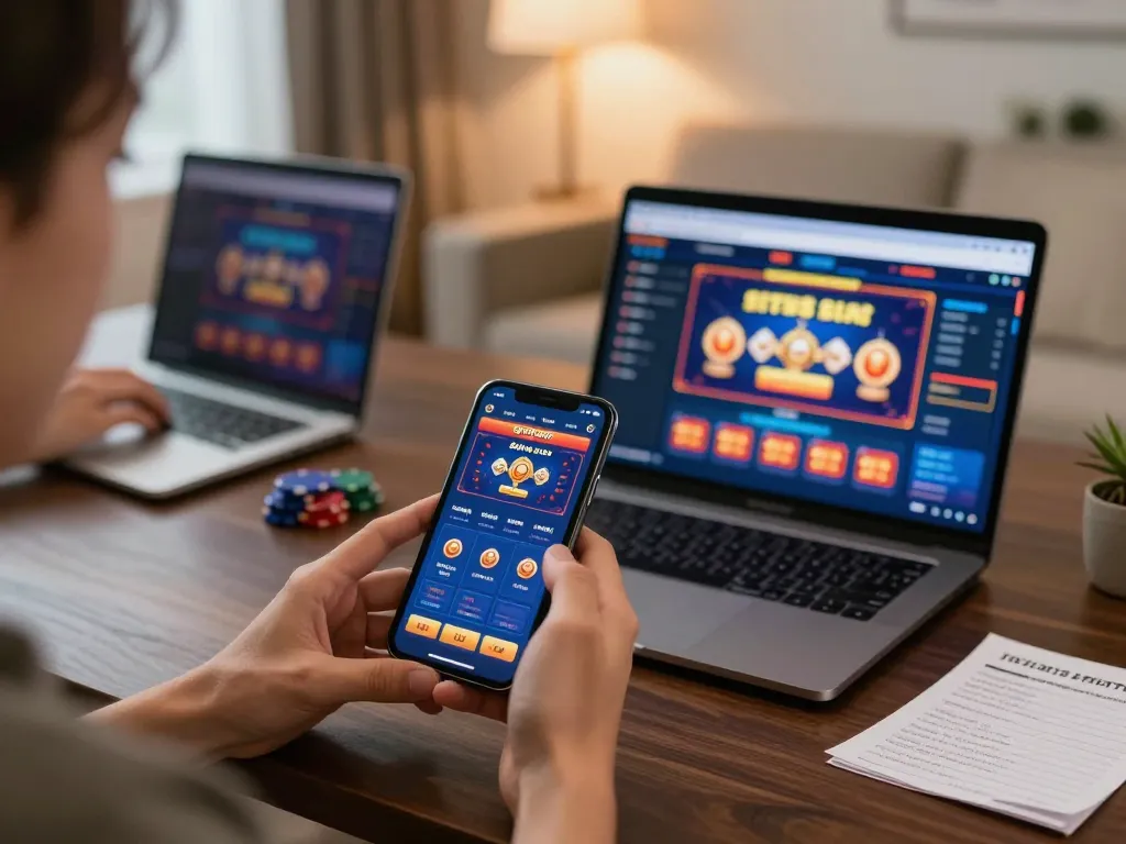 Person playing situs slot on smartphone amid a cozy home gaming setup with strategic notes.