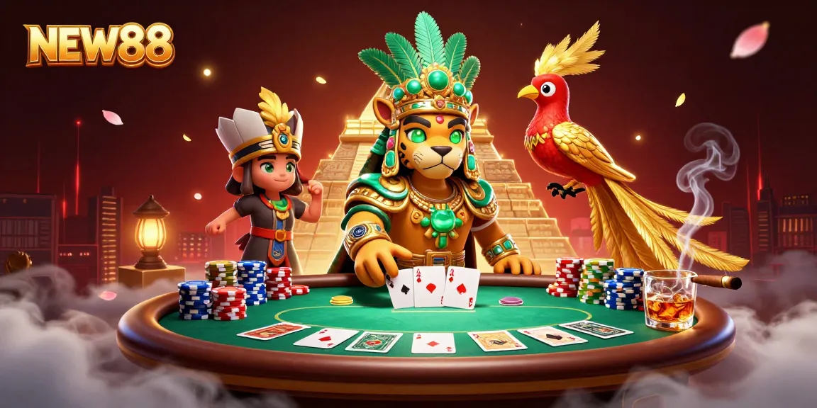 Join the excitement at NEW88 with a Mayan jaguar priest, poker elements, and vibrant casino atmosphere.