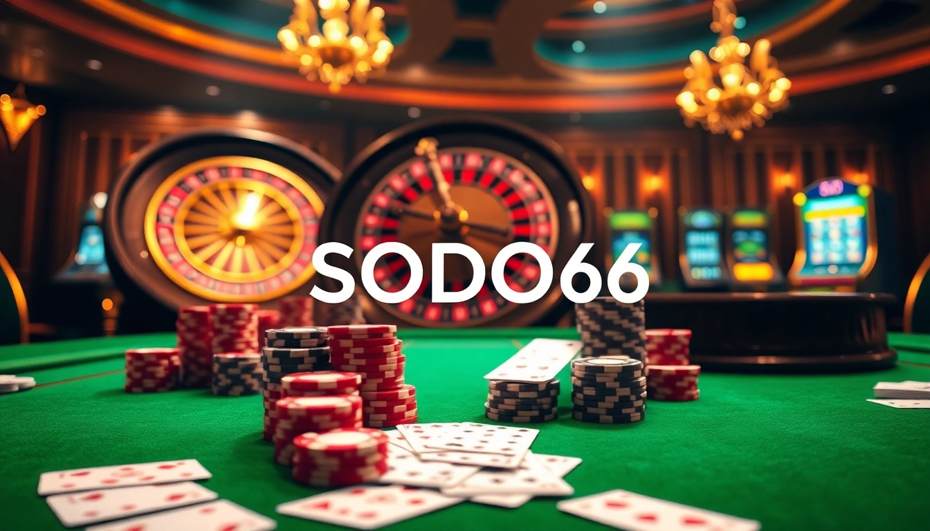 Engage in thrilling online bets at SODO66 with a vibrant casino setup featuring poker chips and a roulette wheel.
