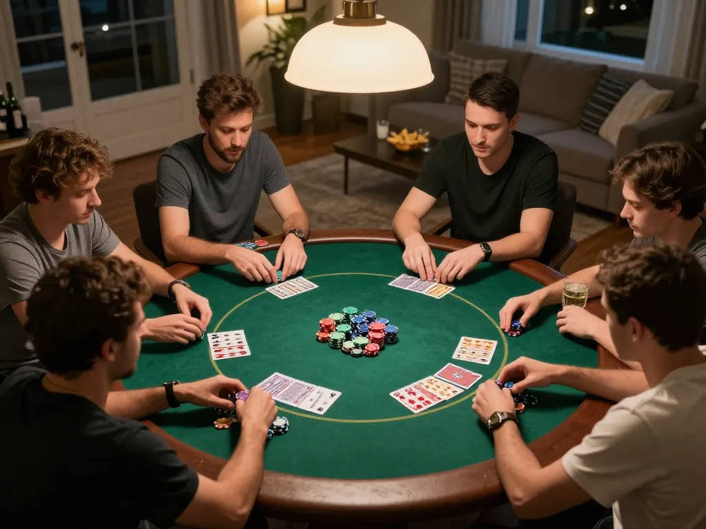 A vibrant home poker scene showcasing players at the 789win club table with cards and chips, creating a social gambling atmosphere
