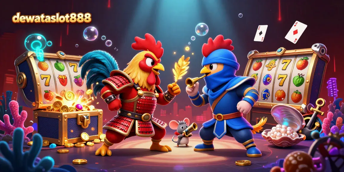 Permainan slot online dewataslot888 dengan ayam jantan bertanding, armor samurai, dan efek slot menengiankan untuk menang.