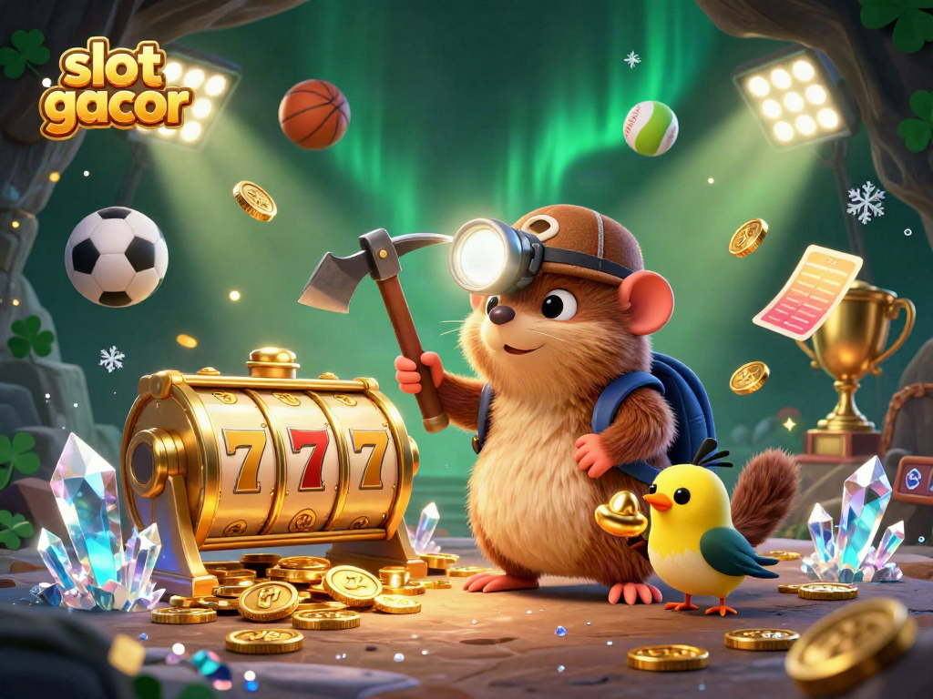 Engage with slot gacor gameplay featuring a treasure hunter mole amidst glowing reels and sparkling gems.