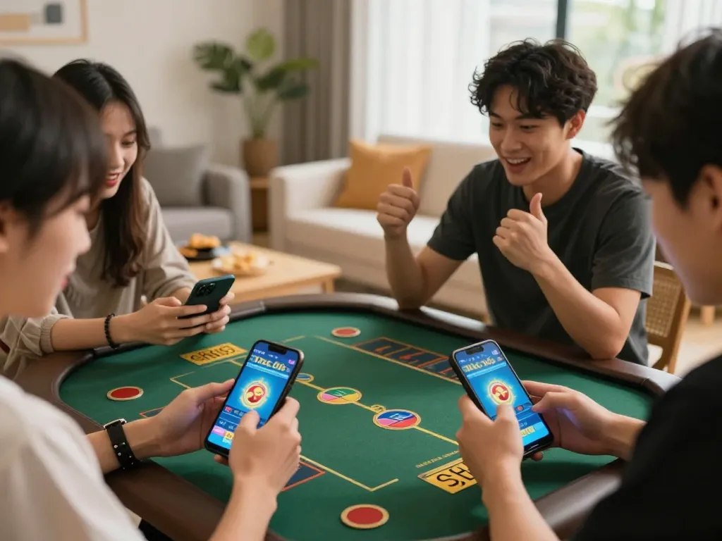 xóc đĩa online engaging gaming session with friends using smartphones in cozy living room.