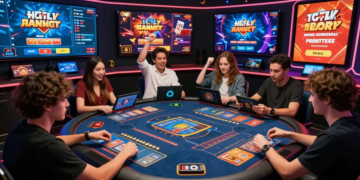 Players engaged in gamebaidoithuong is card games amidst vibrant digital gaming promotions and a competitive atmosphere.