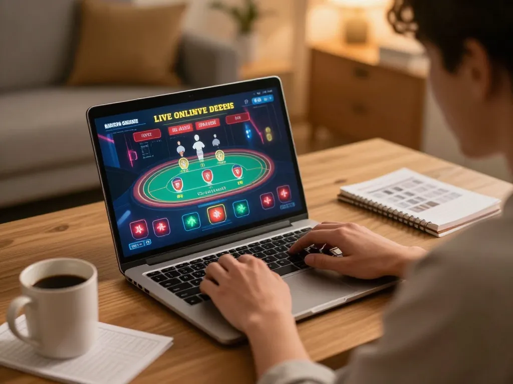 nk88 win player enjoying online casino gaming at home with laptop, coffee, and strategy notes