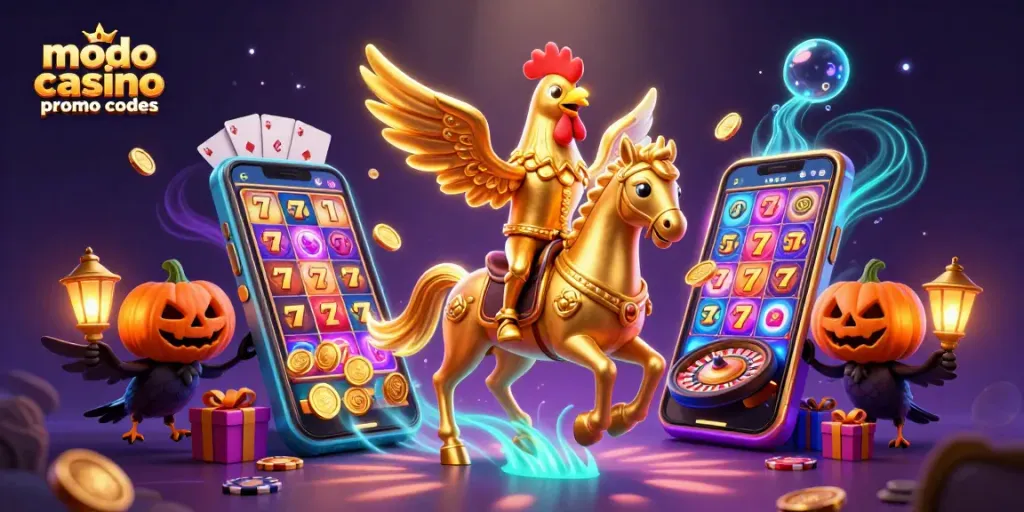 Play and win with Modo Casino promo codes featuring golden rooster and immersive casino elements.