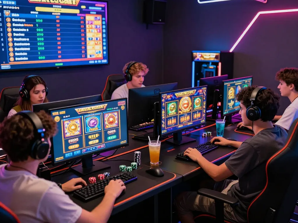 Engaging slot gacor gaming scene with diverse players enjoying vibrant online gaming experiences.