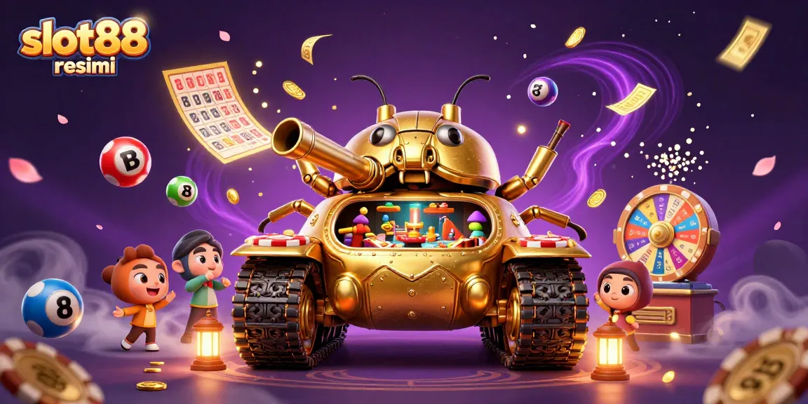 Permainan slot88 resmi dengan mesin slot menang, dikelilingi bola lotere berwarna-warni dan efek kejutan!