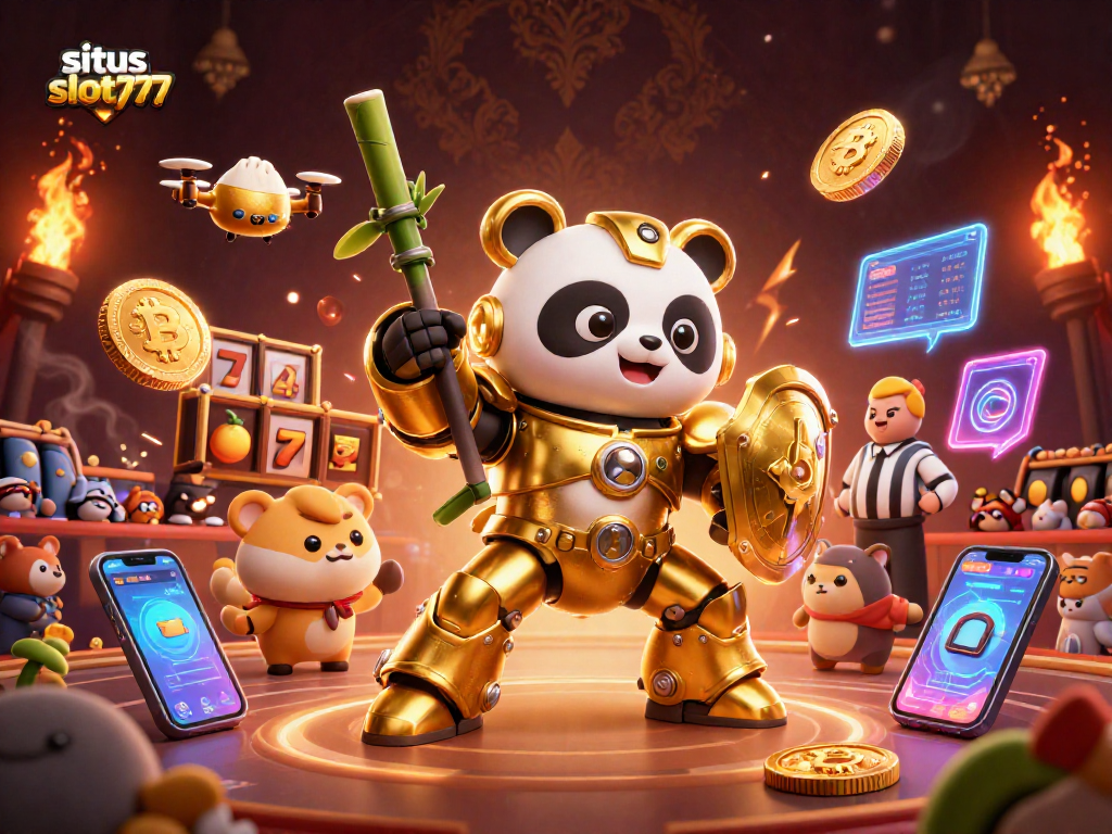 Experience the excitement at situs slot777 with a golden panda hero and dynamic slot games.
