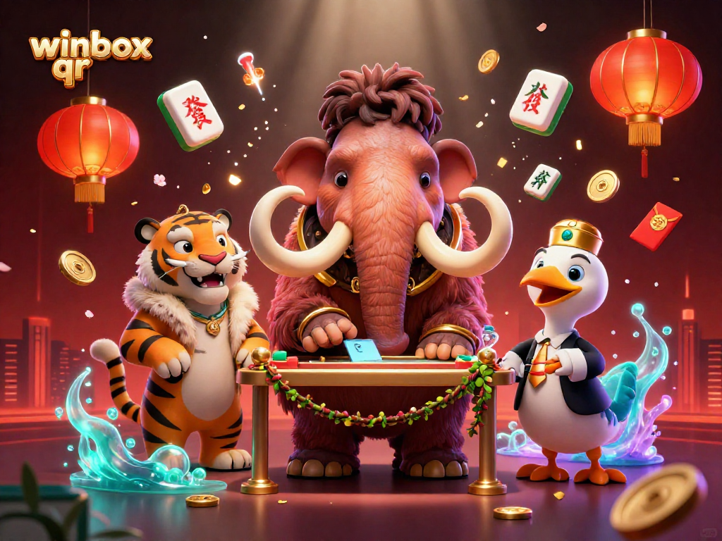 Engage with winbox qr at a vibrant casino scene with lively characters and festive elements.