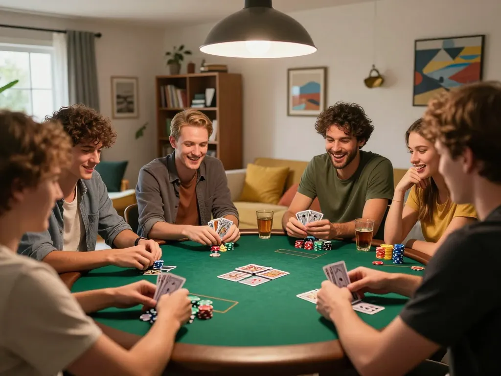 Friends enjoying a competitive poker game at home, showcasing strategies and fun moments, captured in casinoatlas scene.