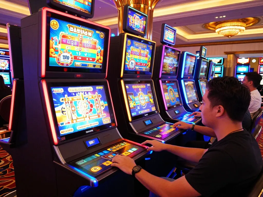Players enjoying vibrant slot machines while spinning reels at W69 casino, capturing the excitement
