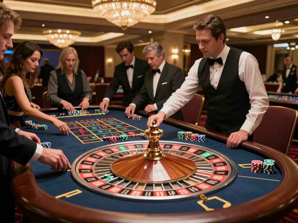 Engaged players excitedly place bets at Max 88 roulette table in a luxurious casino scene