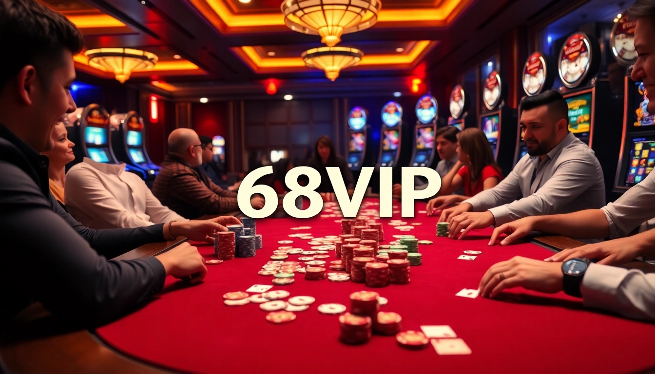 Players enjoying an exciting poker game at 68VIP casino, showcasing vibrant chips and cards.