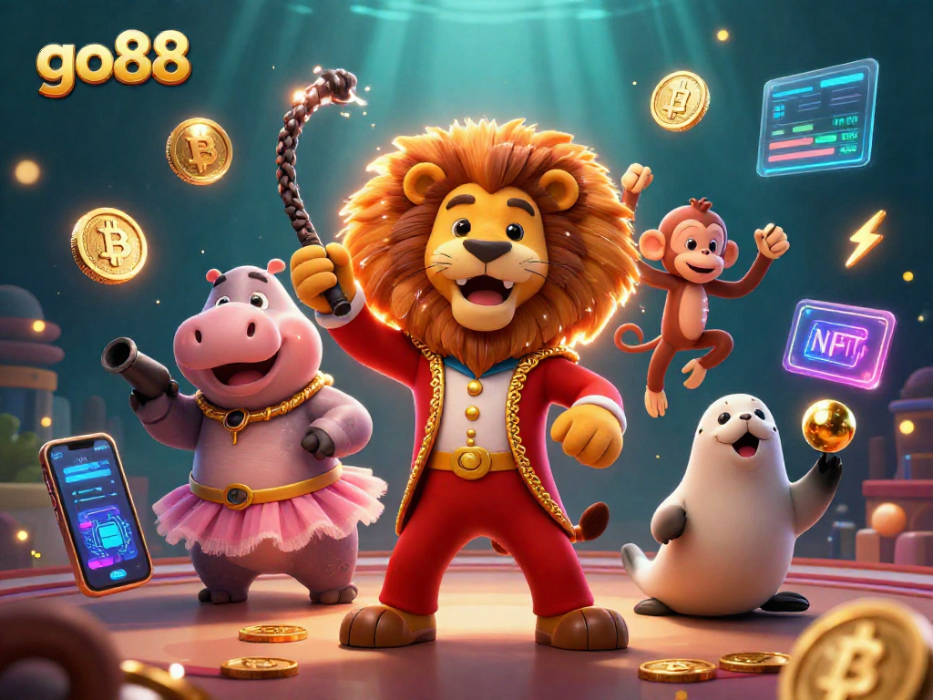 Experience exciting go88 gameplay featuring vibrant 3D characters and crypto elements in a dynamic casino setting.
