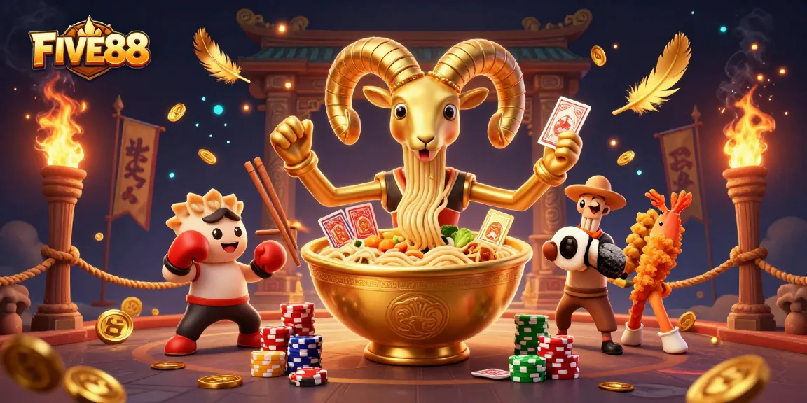 Engage in thrilling gameplay with FIVE88 as the giant ramen bowl dealer and lively sushi characters.