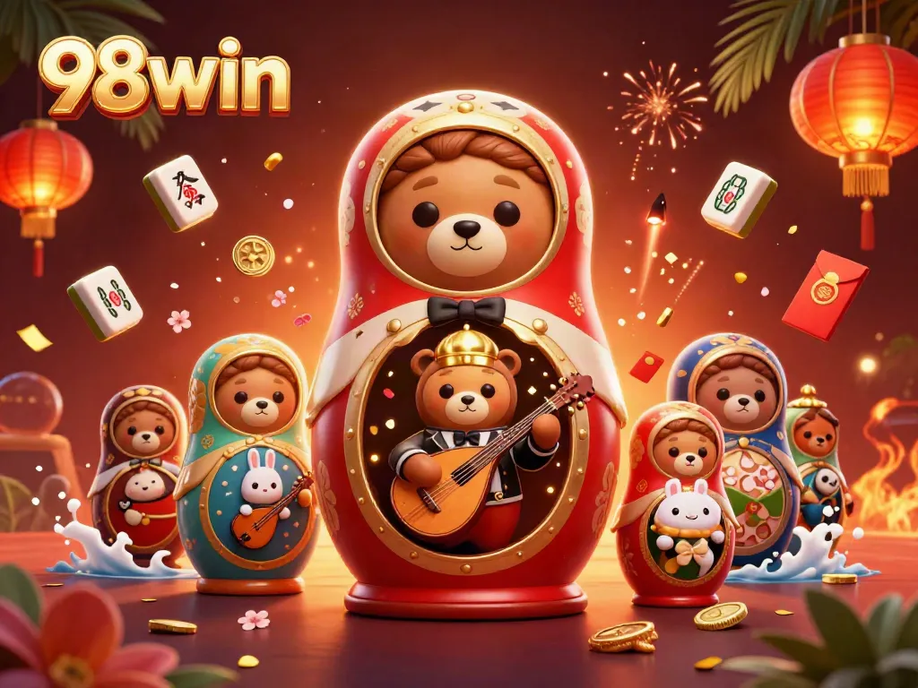 Engage with 98win's vibrant gaming scene featuring charming cartoon bears and enchanting elements.