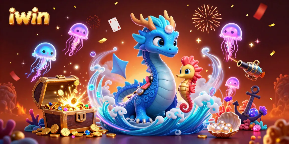 Experience thrilling iwin adventures with a 3D dragon, seahorse knight, and vibrant casino elements.