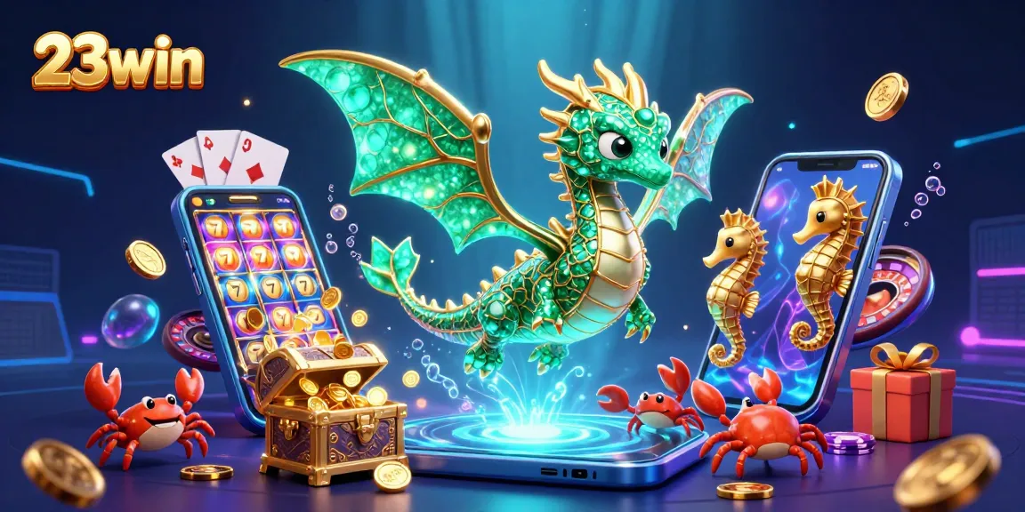 Win exciting jackpots at 23win with a vibrant 3D casino adventure illustration.
