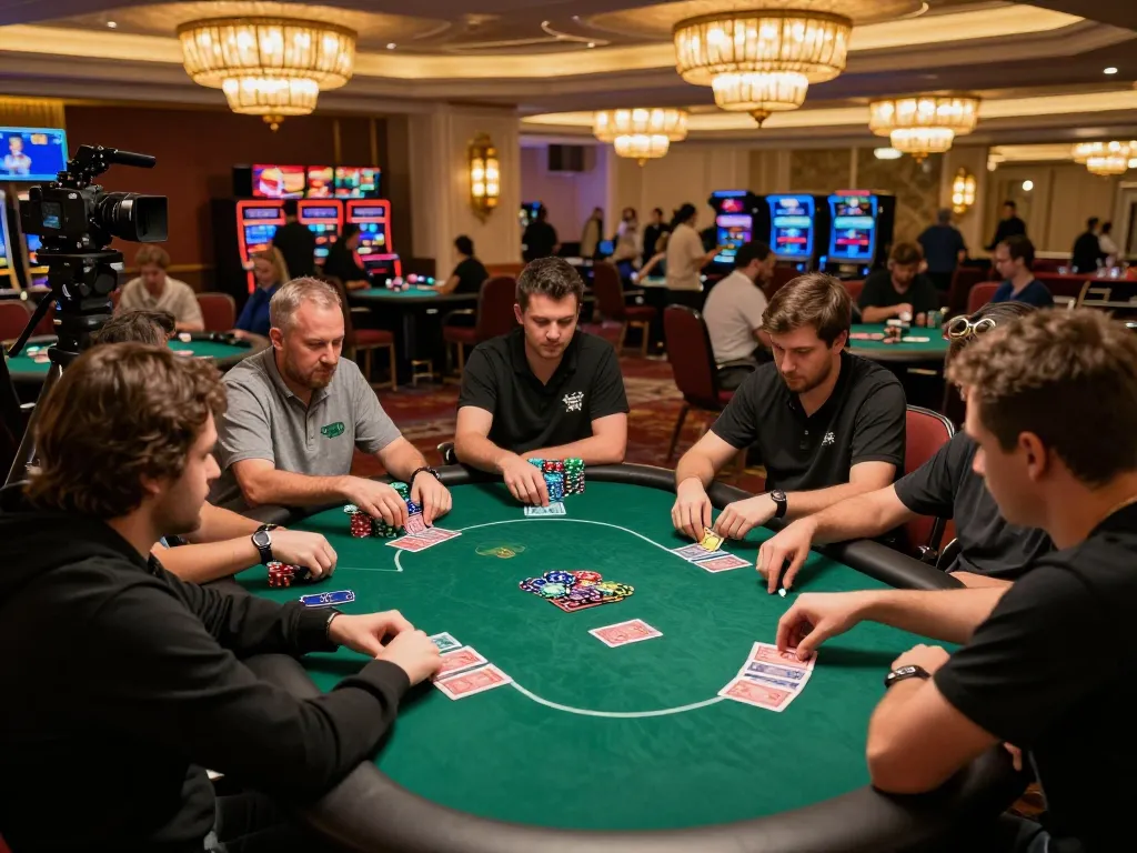 Engaged players at casinos not on gamstop playing poker with chips and cards in an upscale casino