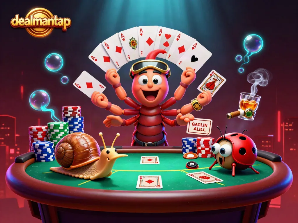 Engage with dealmantap's vibrant poker scene showcasing a millipede dealer and high-roller
