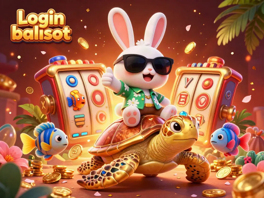 Experience the thrill of Login balislot with a lively 3D scene of a lucky rabbit and sea turtle surrounded by slot elements.