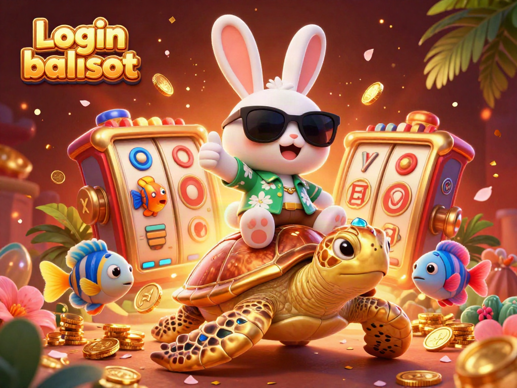 Experience the thrill of Login balislot with a lively 3D scene of a lucky rabbit and sea turtle surrounded by slot elements.