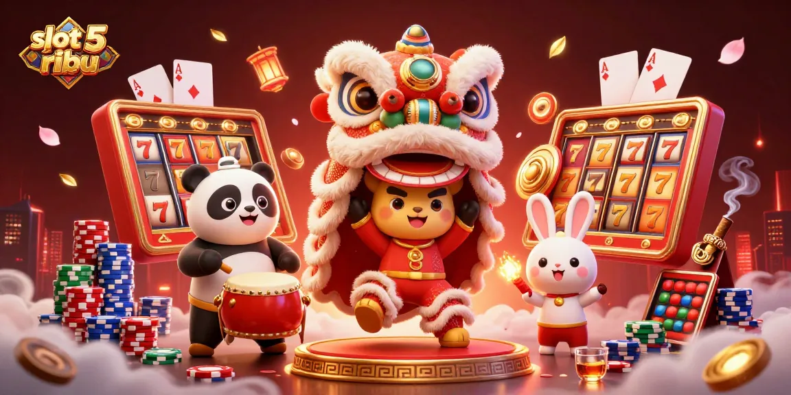 Engage in thrilling action at slot 5 ribu with a captivating lion dance and colorful casino elements.