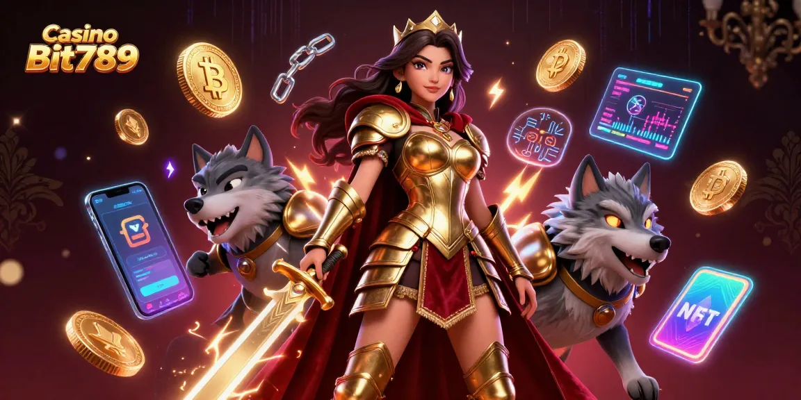 Engage with Casino Bit789's 3D digital illustration, featuring a warrior queen and wolf amid vibrant gambling elements.