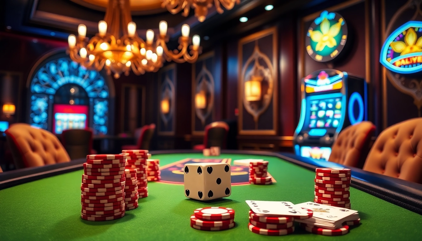 Engaging gaming scene at FLY88 with poker chips, dice, and vibrant casino atmosphere.