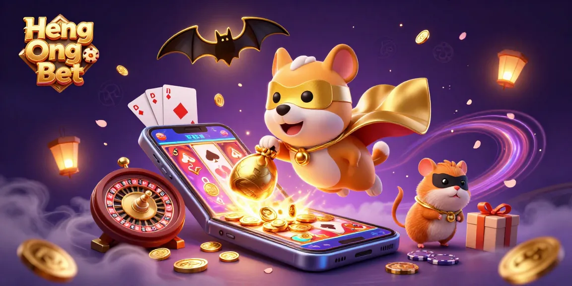 Engage with Heng Ong Bet in an exciting 3D illustration showcasing a superhero dog and hamster amidst casino games and vibrant elements.