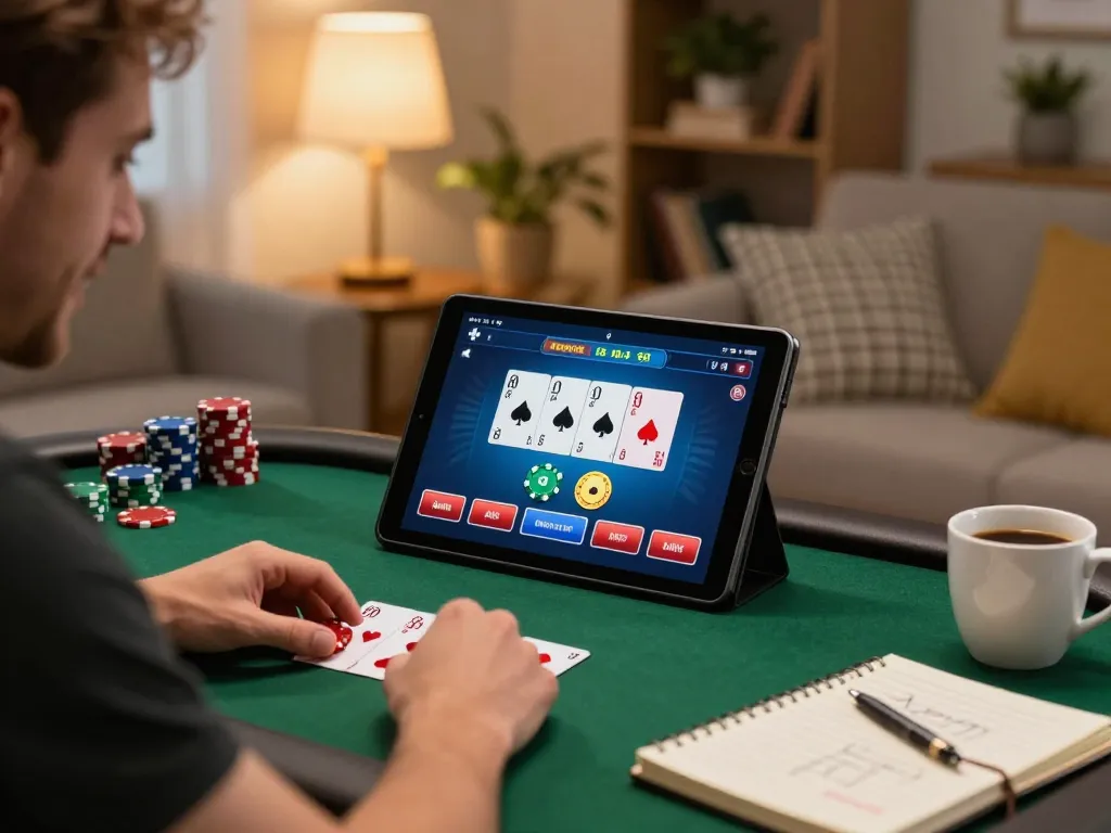 Casinosscope player strategizing during an exciting online poker game at home.