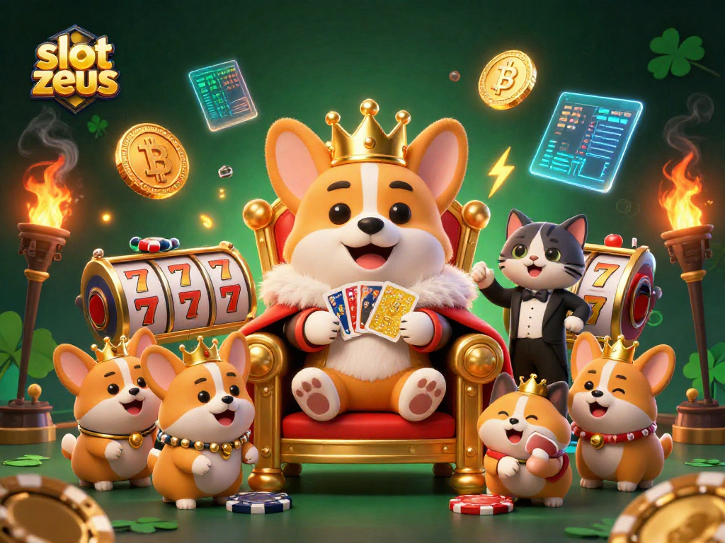 Experience the thrill of slot zeus with lively corgi characters surrounded by golden elements, NFTs, and Bitcoin