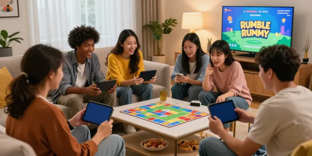 Friends playing Rumble Rummy on smartphones in a cozy living room, showcasing a fun gaming atmosphere.