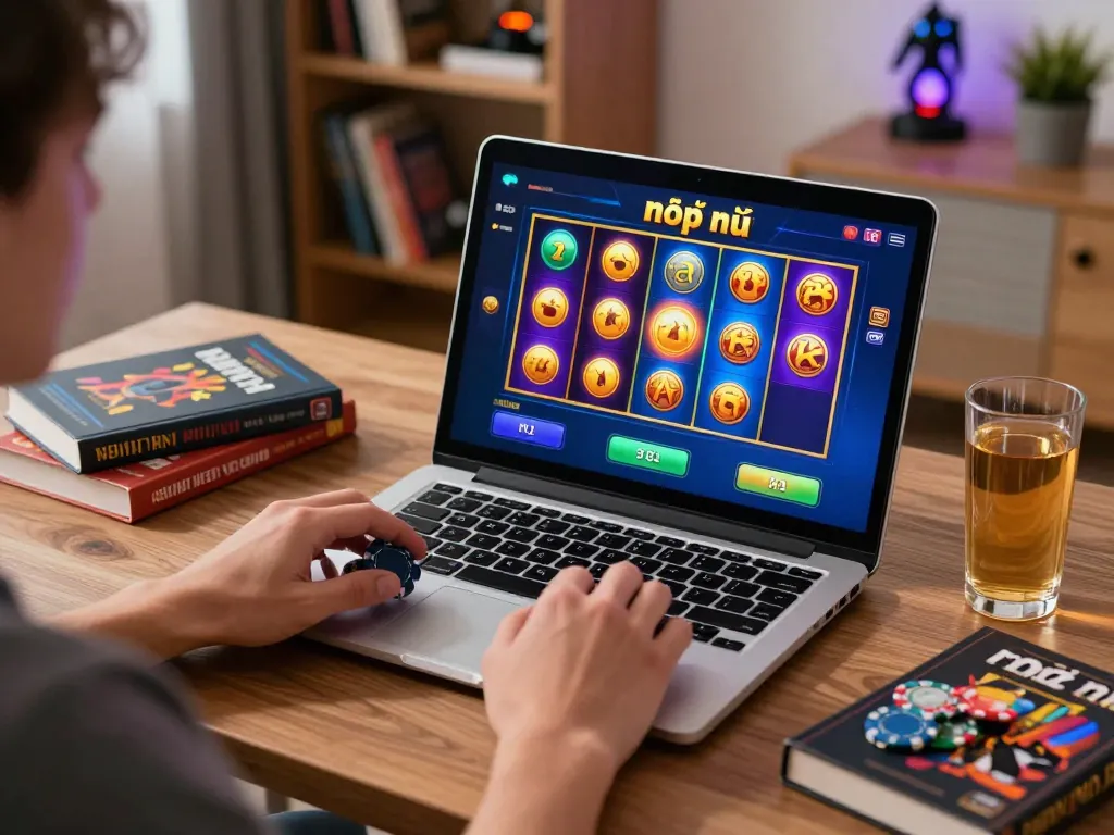 Engaging player gambling on nổ hũ slots with vibrant reels in a cozy home gaming setup