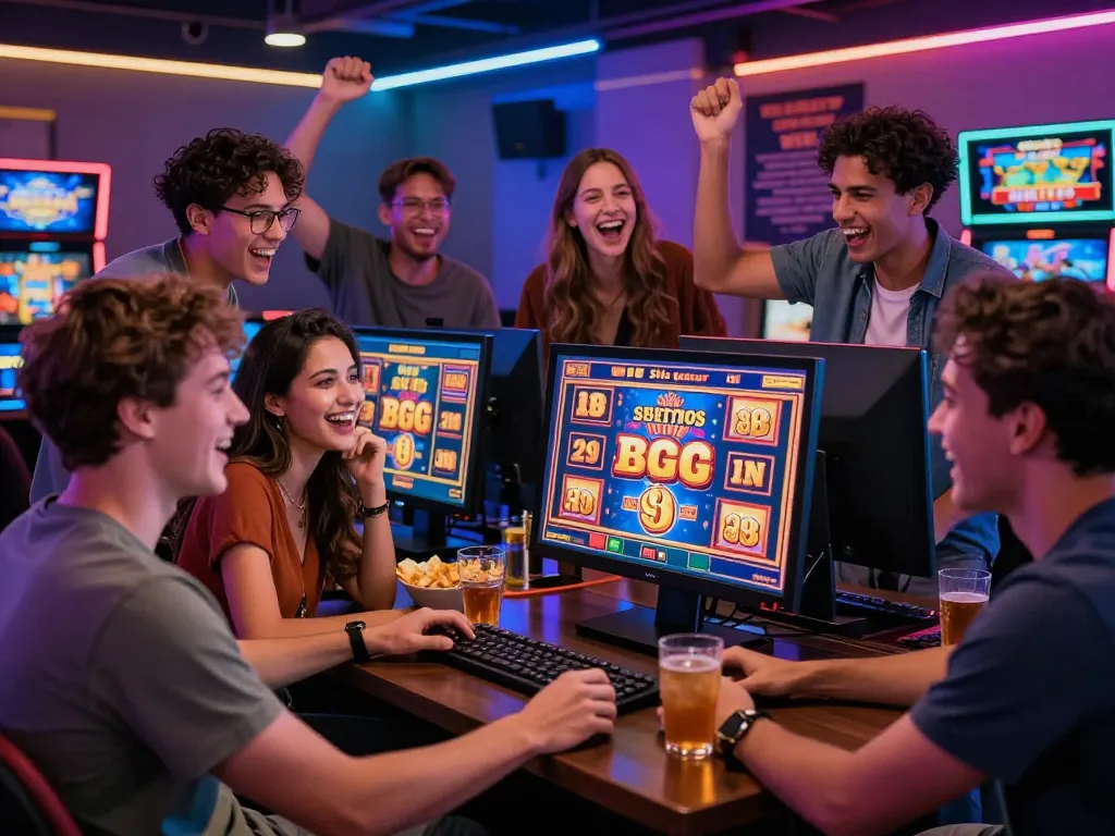 Friends enjoying a gaming session on a situs gacor platform, showcasing vibrant slot machine wins.