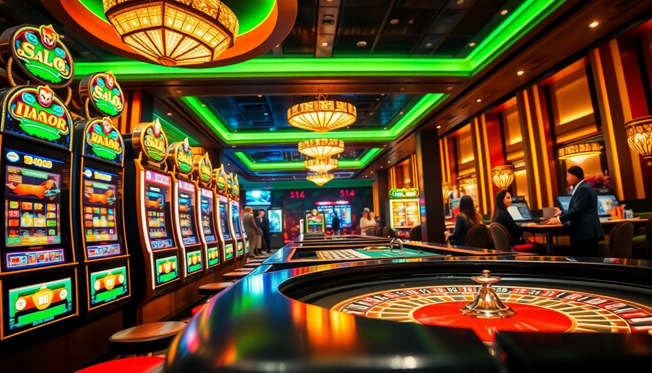 Situs slot gacor experience with vibrant machines and high-stakes action at a luxurious casino table.